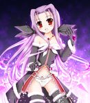  bare_shoulders blush flipper gloves hair_ribbon long_hair lutecia_alpine lyrical_nanoha mahou_shoujo_lyrical_nanoha_vivid navel open_mouth purple_hair ribbon solo thighhighs 