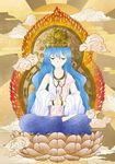  adapted_costume bad_id bad_pixiv_id barefoot blue_hair buddhism closed_eyes cloud crown hinanawi_tenshi long_hair lotus_pedestal lotus_position meditation pandora-ex sitting solo touhou very_long_hair 