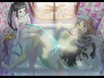  atelier_(series) atelier_totori barefoot bathing bathtub black_hair blue_eyes blush breasts brown_hair frills green_eyes holding hose letterboxed long_hair mervia_siebel mimi_houllier_von_schwarzlang multiple_girls nipples nude one_eye_closed open_mouth partially_submerged purple_eyes side_ponytail sitting small_breasts tashiromotoi tile_wall tiles totooria_helmold twintails 