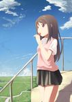  black_hair candy cloud day food lollipop long_hair momo_no_kanzume mouth_hold original railing red_eyes school_uniform skirt sky solo stairs sweater sweater_vest vest 