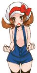  agemono blush brown_eyes brown_hair clenched_hands hat hat_ribbon kotone_(pokemon) naked_overalls overalls pokemon pokemon_(game) pokemon_hgss red_ribbon ribbon short_shorts short_twintails shorts solo tears thighhighs twintails 