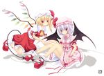  ascot bad_id bad_pixiv_id bat_wings blonde_hair blue_hair demon_tail flandre_scarlet flying hat junna mary_janes multiple_girls red_eyes remilia_scarlet shirt shoes siblings side_ponytail sisters sitting skirt skirt_set smile tail touhou wings wrist_cuffs 
