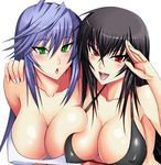  :o asymmetrical_docking bangs bare_shoulders bikini black_bikini black_hair blush breast_press breasts cleavage collarbone commentary_request covered_nipples crossed_bangs green_eyes halterneck hanging_breasts itagaki_tatsuko kawakami_momoyo konishiki_(52siki) large_breasts light_blue_hair long_hair looking_at_viewer maji_de_watashi_ni_koi_shinasai! multiple_girls open_mouth red_eyes salute simple_background strap_gap swimsuit tsurime white_background white_bikini 