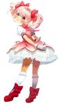  bad_id bad_pixiv_id bow dress frills full_body gloves gpnet hair_ribbon kaname_madoka kneehighs looking_back magical_girl mahou_shoujo_madoka_magica mary_janes pink_hair red_eyes ribbon shoes short_hair short_twintails smile solo twintails white_gloves white_legwear 