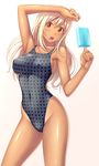  blonde_hair breasts brown_eyes competition_swimsuit copyright_request food highleg highleg_swimsuit highres houndstooth kuri_(kurigohan) large_breasts long_hair one-piece_swimsuit popsicle skindentation slender solo speedo_(company) swimsuit tan tanline 