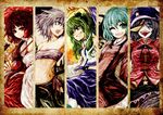  5girls animal animal_ears bow bows brown_hair female frog geung_si green_hair hakurei_reimu jiangshi kasodani_kyouko kemonomimi kochiya_sanae konpaku_youmu long_hair miyako_yoshika multiple_girls short_hair snake touhou white_hair zombie 