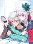  1boy 1girl anastasia_(fate/grand_order) arm_up bangs black_choker blue_eyes brown_eyes brown_shirt cellphone choker closed_mouth collared_shirt commentary_request ear_piercing eyebrows_visible_through_hair fate/grand_order fate_(series) fingernails fur-trimmed_jacket fur_hat fur_trim green_sweater grey_hair gurifu hair_between_eyes hat hat_ornament highres holding holding_cellphone holding_phone jacket jacket_on_shoulders kadoc_zemlupus long_sleeves looking_at_viewer neck_piercing open_clothes open_jacket parted_lips phone piercing red_jacket shirt smile sweater ushanka white_hat white_shirt 