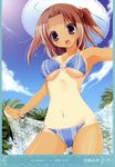  1girl :d absurdres armpits asymmetrical_hair bikini blue_bikini bracelet breasts brown_hair character_request cloud copyright_request fisheye happy hat highres jewelry lace looking_at_viewer miyasaka_miyu navel one-piece_tan open_mouth outdoors outstretched_arms palm_tree purple_eyes red_hair shiny shiny_skin short_hair side_ponytail sky smile solo spread_arms summer sun sun_hat swimsuit tan tanline tree underboob 
