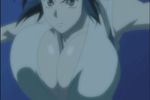  animated animated_gif blue_hair blush breast_expansion breasts cleavage covered_nipples huge_breasts katana lowres manyuu_chifusa manyuu_hikenchou sword weapon 