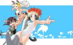  animal_ears armpits bikini black_hair blonde_hair blue_eyes blush breasts brown_eyes brown_hair collarbone erica_hartmann flower foreshortening gertrud_barkhorn halterneck hanna-justina_marseille head_wreath hibiscus kanchou_(karaja) medium_breasts multicolored_hair multiple_girls one-piece_swimsuit open_mouth outstretched_hand pointing short_hair smile strike_witches striker_unit swimsuit tail twintails two-tone_hair white_swimsuit world_witches_series 