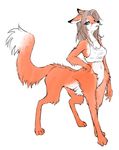  black_nose bottomless brown_hair canine clothed clothing countershading digitigrade female fox foxtaur fur grey_eyes hair half-dressed hand_on_hip long_hair looking_at_viewer mammal navel orange_fur plain_background skinny solo standing taur unknown_artist white_background white_belly 