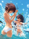  :d antenna_hair ass bikini black_bikini black_hair blue_eyes blurry closed_eyes cloud day depth_of_field fang ganaha_hibiki halterneck high_ponytail highres idolmaster idolmaster_(classic) jpeg_artifacts kikuchi_makoto layered_bikini long_hair multiple_girls navel nekopuchi open_mouth outdoors ponytail short_hair sky smile splashing swimsuit teeth wading water wet white_bikini 