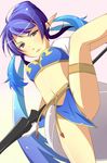  blue_hair breasts gloves hair_bun highres judith leg_garter long_hair pointy_ears polearm red_eyes solo spear tales_of_(series) tales_of_vesperia twintails weapon white_gloves 