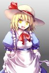  :d apron bad_id bad_pixiv_id blonde_hair blue_dress culter dress dress_lift elbow_gloves gloves hat hat_ribbon kana_anaberal looking_at_viewer open_mouth ribbon smile solo touhou touhou_(pc-98) white_gloves yellow_eyes 