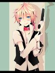  :d blonde_hair blue_eyes boy collar gun handgun highres kagamine_len male male_focus open_mouth pistol siy_m smile solo vocaloid weapon 