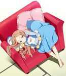  animal animal_hug barefoot blush brown_eyes brown_hair couch frilled_pillow frills long_hair lying mattaku_mousuke mawaru_penguindrum on_back penguin_1-gou penguin_2-gou penguin_3-gou pillow sitting skirt smile takakura_himari tatami 