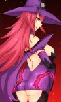  1girl arc_system_works artist_request ass bare_shoulders black_sclera blazblue breasts cape detached_sleeves dress from_behind gloves hat huge_breasts konoe_a_mercury long_hair looking_at_viewer orange_eyes pantylines phantom_(blazblue) pink_hair purple_dress shiny shiny_clothes shiny_hair shiny_skin short_dress sideboob smile solo thighhighs very_long_hair witch witch_hat 
