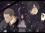  2boys arm_sling bandages black_hair blood buzz_cut cast closed_eyes formal hair_over_one_eye letterboxed long_hair multiple_boys ninomae_juuichi paper sebumi_takeru short_hair spec too_mizuguchi touma_saya 