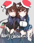  2girls asymmetrical_legwear brown_hair creator_connection english_text gift girls_frontline gloves hand_holding hat highres js_9_(girls_frontline) kongthegrain merry_christmas multiple_girls prosthesis prosthetic_arm purple_eyes santa_hat thigh_strap thighhighs type_79_(girls_frontline) typo 