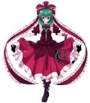  arm_ribbon blood blood_on_face blood_stain bloody_clothes boots curtsey dress front_ponytail green_eyes green_hair hair_ribbon highres kagiyama_hina nikka_(cryptomeria) red_dress ribbon skirt_hold smile solo standing touhou transparent_background yandere 