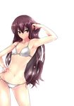  adjusting_hair armpits bikini blush brown_hair collarbone contrapposto flat_chest hand_in_hair hand_on_hip hips k2isu long_hair navel original side-tie_bikini smile solo standing sunlight swimsuit white_bikini wide_hips yellow_eyes 