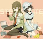  arm_garter banana belt bike_shorts black_hair black_legwear blue_eyes blush book bottle brown_hair cellphone computer cup_ramen dr_pepper food fork fruit futsuka_(dzone) hat highres jacket laptop legwear_under_shorts long_hair makise_kurisu multiple_girls pantyhose phone shiina_mayuri short_hair shorts sitting smile snack soda steins;gate upa_(steins;gate) v_arms wariza 