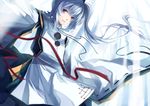  blurry depth_of_field japanese_clothes kariginu light_smile long_hair mononobe_no_futo ponytail purple_eyes red_ribbon ribbon silver_hair skade solo touhou 