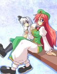  blue_eyes braid hair_ribbon harukatron hat hong_meiling konpaku_youmu multiple_girls red_hair ribbon silver_hair touhou 