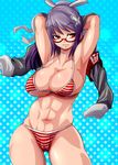  abs armpits arms_up bikini breasts glasses jacket large_breasts long_hair marimo_(ankokumarimo) muscle original purple_hair red_eyes solo striped striped_bikini swimsuit thighs 