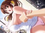  1girl anata_to_mita_sakura ass breasts brown_eyes brown_hair cherry_blossoms covered_nipples game_cg ishihara_souka large_breasts morio_yuka open_mouth panties ponytail solo_focus underwear 