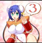  arcana_heart arcana_heart_3 artist_request blush breasts bun_cover cleavage covered_nipples double_bun green_eyes heart highleg highleg_leotard huge_breasts leotard letterboxed mei-fang open_mouth purple_hair shrug_(clothing) solo source_request spoken_heart 