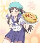  banboro_(technobot) blush brown_hair food hanasaku_iroha hand_on_hip head_scarf ketchup long_hair omelet omurice school_uniform solo tsurugi_minko 