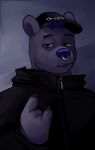  2018 anthro baseball_cap black_clothing black_eyebrows black_topwear blue_hair blue_nose bust_portrait claws clothed clothing devil_horns digital_media_(artwork) eyebrows facial_piercing front_view fur gesture glitter_trap_boy grey_background grey_claws hair hat hi_res jacket looking_at_viewer male mammal nose_piercing nose_ring piercing portrait purple_fur septum_piercing simple_background solo ursine 