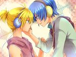  arm_grab blonde_hair blue_eyes blue_hair eye_contact green_eyes hand_on_another's_face happy_synthesizer_(vocaloid) headphones hood hoodie incipient_kiss kagamine_len kaito kiriya_sa looking_at_another male male_focus multiple_boys open_mouth ponytail scarf sleeveless sleeveless_hoodie smile sweater vocaloid yaoi 