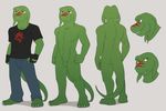  abs anthro back_turned balls brown_eyes chest claws clothed clothing ears fangs gloves green green_body jailbird japanese_text jeans lizard looking_at_viewer male markings model_sheet multiple_poses nude plain_background red red_eyes red_markings reptile scalie sheath shirt smile smirk solo standing stripes tail text toki toki_(character) toned 