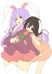  animal_ears black_hair blazer bunny_ears carrot dress flat_color highres hug hug_from_behind iga_tamaki inaba_tewi jacket mouth_hold multiple_girls pink_hair pleated_skirt red_eyes reisen_udongein_inaba skirt thighhighs thighs touhou white_legwear zettai_ryouiki 