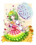  blush colored_pencil_(medium) flower green_hair hair_flower hair_ornament kazami_yuuka lipstick makeup red_eyes red_lipstick ribbon short_hair solo takanashi_minato touhou traditional_media 