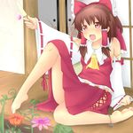  anklet ascot barefoot bow brown_hair candy commentary_request detached_sleeves feet flower food hair_bow hair_tubes hakurei_reimu highres hisa_tsuki jewelry lollipop long_hair melting no_panties open_mouth popsicle red_eyes sitting skirt smile solo touhou 