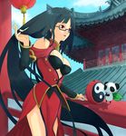  black_hair blazblue breasts glasses lao_jiu litchi_faye_ling long_hair medium_breasts natsunuts pagoda panda red_eyes smile solo very_long_hair yin_yang 