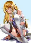  1girl blonde_hair blonde_pubic_hair blue_background blue_eyes blush boots breasts closed_mouth commentary_request eyebrows_visible_through_hair ginjuuji goblin_slayer! gradient gradient_background highres long_hair looking_at_viewer medium_breasts nipples no_hat no_headwear priestess_(goblin_slayer!) pubic_hair sitting smile solo thigh_boots thighhighs white_background white_footwear white_legwear 