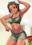  :q abs armpits boro copyright_request dark_skin lifted_by_self muscle navel short_hair shorts shorts_lift solo sports_bra sweat thighs tongue tongue_out towel towel_on_head 