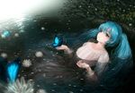  aqua_hair bad_id bad_pixiv_id blue_eyes bug butterfly dress fine_art_parody flower glowing hatsune_miku insect long_hair lotus ophelia_(painting) parody partially_submerged petals solo suzushiro_sayu twintails vocaloid water wet wet_clothes 