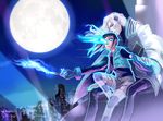  1girl aotan bad_id bad_pixiv_id blue_eyes blue_fire brown_hair cape fire full_moon gloves glowing glowing_eyes grey_hair hair_ornament hairclip kaburagi_kaede lips long_hair lunatic_(tiger_&amp;_bunny) moon pale_skin shorts side_ponytail silver_hair striped striped_legwear superhero thighhighs tiger_&amp;_bunny vest yuri_petrov 