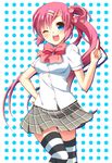  ;d blue_eyes bow dress_shirt hair_bobbles hair_ornament little_busters! long_hair one_eye_closed open_mouth pink_bow plaid plaid_skirt purple_hair saigusa_haruka school_uniform shirt side_ponytail skirt smile solo striped striped_legwear thighhighs touon 