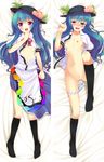  bad_id bad_pixiv_id bed_sheet black_legwear blue_hair blush bottomless bow dakimakura flat_chest food fruit hand_to_own_mouth hat highres hinanawi_tenshi kneehighs komone_ushio leg_up long_hair lying multiple_views navel nipples no_bra on_back open_clothes open_mouth open_shirt panties panties_around_one_leg peach pussy red_eyes shirt striped striped_panties sweat tears touhou underwear 