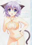  :o alpha_(yukai_na_nakamatachi) animal_ears bikini blue_eyes breasts cat_ears cat_tail cleavage cleavage_cutout finger_to_mouth frilled_bikini frills halterneck hand_on_hip leaning_forward medium_breasts navel o-ring o-ring_top open_mouth original purple_hair scan short_hair solo swimsuit tail 