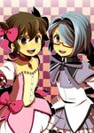  2boys akemi_homura akemi_homura_(cosplay) bow brown_hair cosplay crossdressing endou_mamoru face glasses hair_bow hair_over_one_eye inazuma_eleven inazuma_eleven_(series) kaname_madoka kaname_madoka_(cosplay) kazemaru_ichirouta mahou_shoujo_madoka_magica multiple_boys open_mouth otoko_no_ko pantyhose red-framed_eyewear ribbon short_hair skirt sweatdrop 