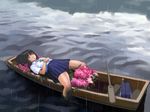  afloat bag black_hair boat closed_eyes commentary_request copyright_request cross flower hands_on_own_stomach holding hydrangea lying oar on_back pleated_skirt rain skirt soaking_feet solo togusa_masamu water watercraft 