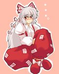  blush fujiwara_no_mokou hair_ribbon harukatron long_hair red_eyes ribbon solo touhou very_long_hair white_hair 