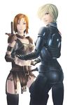  armor ass black_legwear blonde_hair blue_eyes brown_eyes brown_hair commander_shepard commander_shepard_(female) company_connection crossover dragon_age dragon_age:_origins garter_straps hair_over_one_eye holding_hands interlocked_fingers leliana_(dragon_age) mass_effect midriff miniskirt multiple_girls n7_armor short_hair skirt sword thighhighs weapon yana_yana yuri 